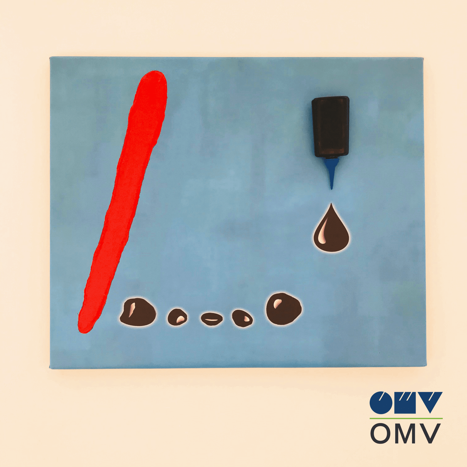 A blue square with a red pen and black liquid on it symbolizes creative digital solutions at CANCOM smART Walk.