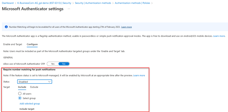 Screenshot of the user interface for configuring number matching in Microsoft Authenticator in the Azure Portal.