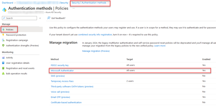 Screenshot of a security system showing the settings for number matching in the Azure Portal.