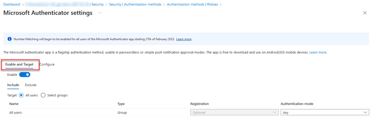 Screenshot of a computer display showing settings for number matching in the Azure Portal.